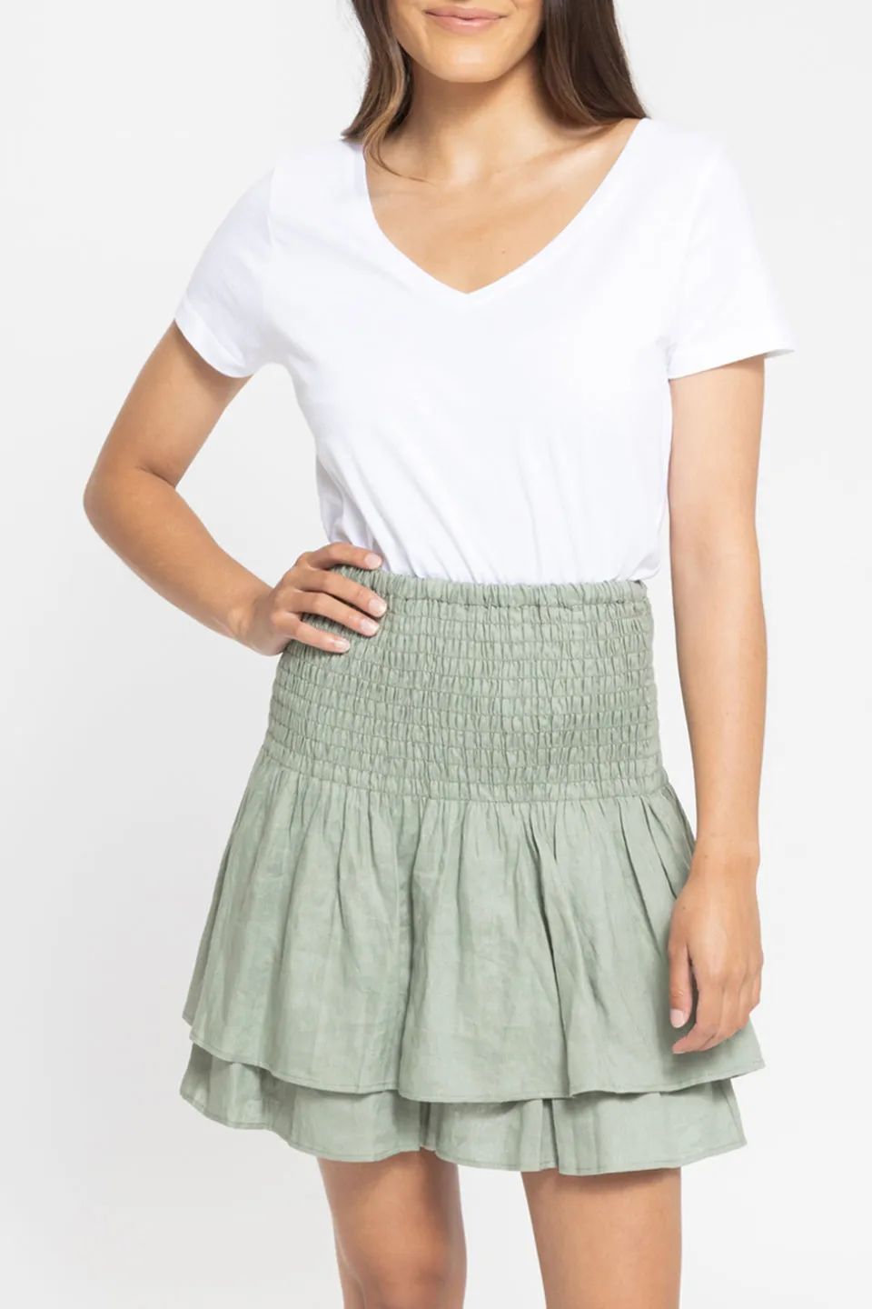 Carried Away Sea Green Shirred Linen Frill Mini Skirt