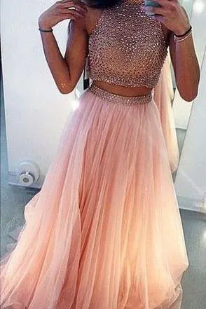 Charming A-Line Beading Two Pieces Long High Neck Tulle Floor-Length Prom Dresses