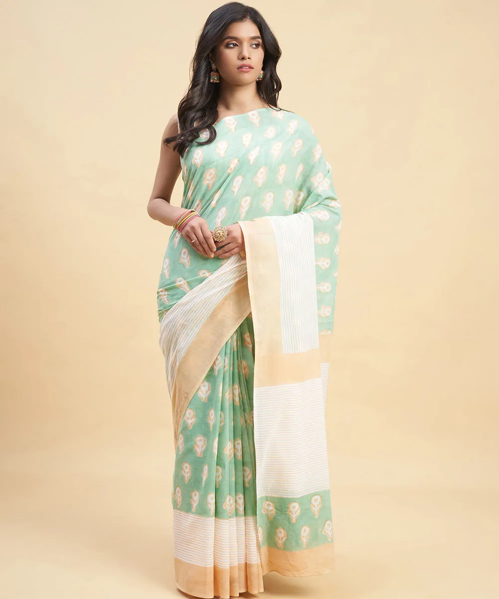 Cyan green peach hand block cotton sanganeri printed saree