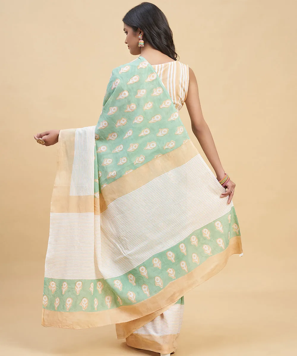 Cyan green peach hand block cotton sanganeri printed saree