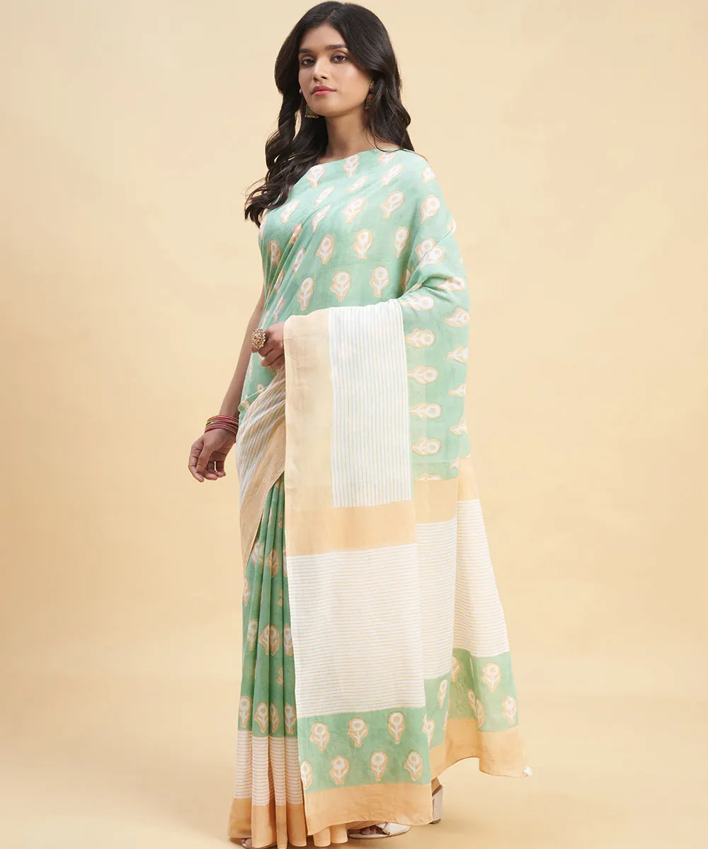 Cyan green peach hand block cotton sanganeri printed saree