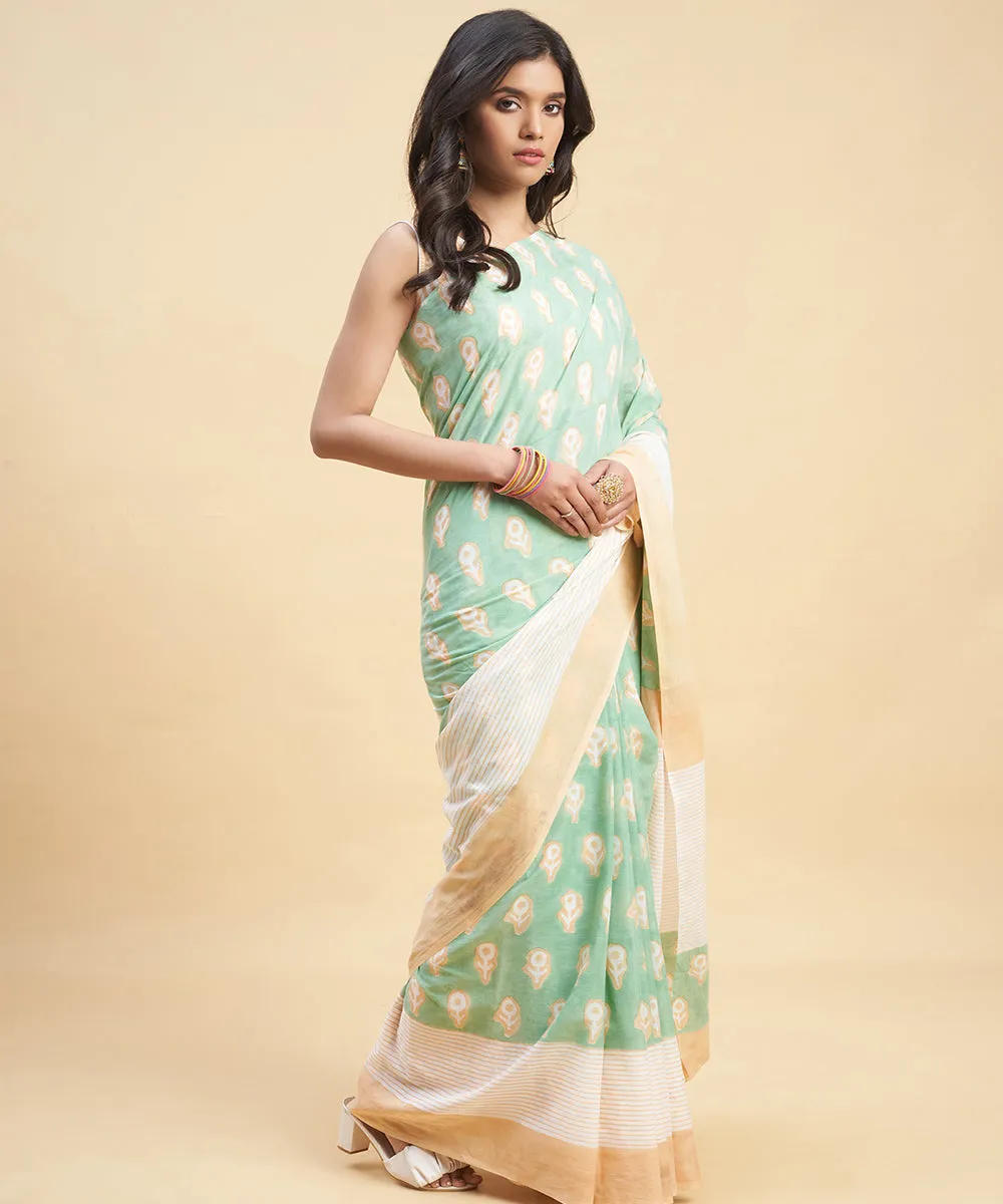 Cyan green peach hand block cotton sanganeri printed saree