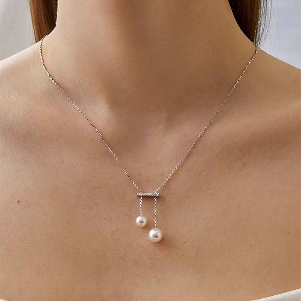 Dangly Freshwater Cultured Pearl Balance Beam Necklace with Moissanite Pavé