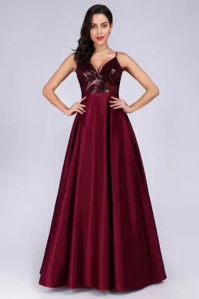 Deep V Neck Long Sleeveless Spaghetti Straps Burgundy Satin Evening Prom Dresses STK15140