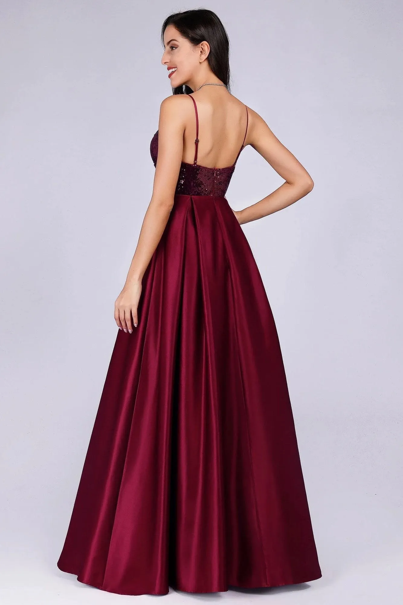 Deep V Neck Long Sleeveless Spaghetti Straps Burgundy Satin Evening Prom Dresses STK15140