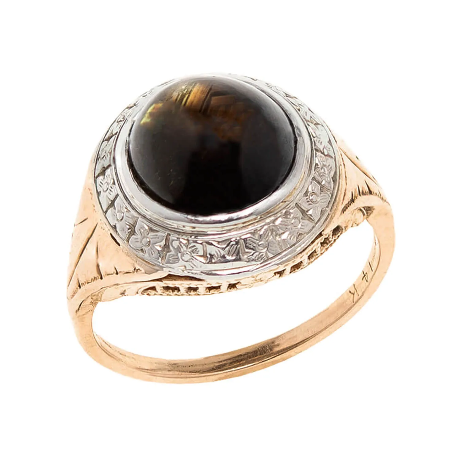 Edwardian 14k & Platinum Cats Eye Chrysoberyl Cocktail Ring