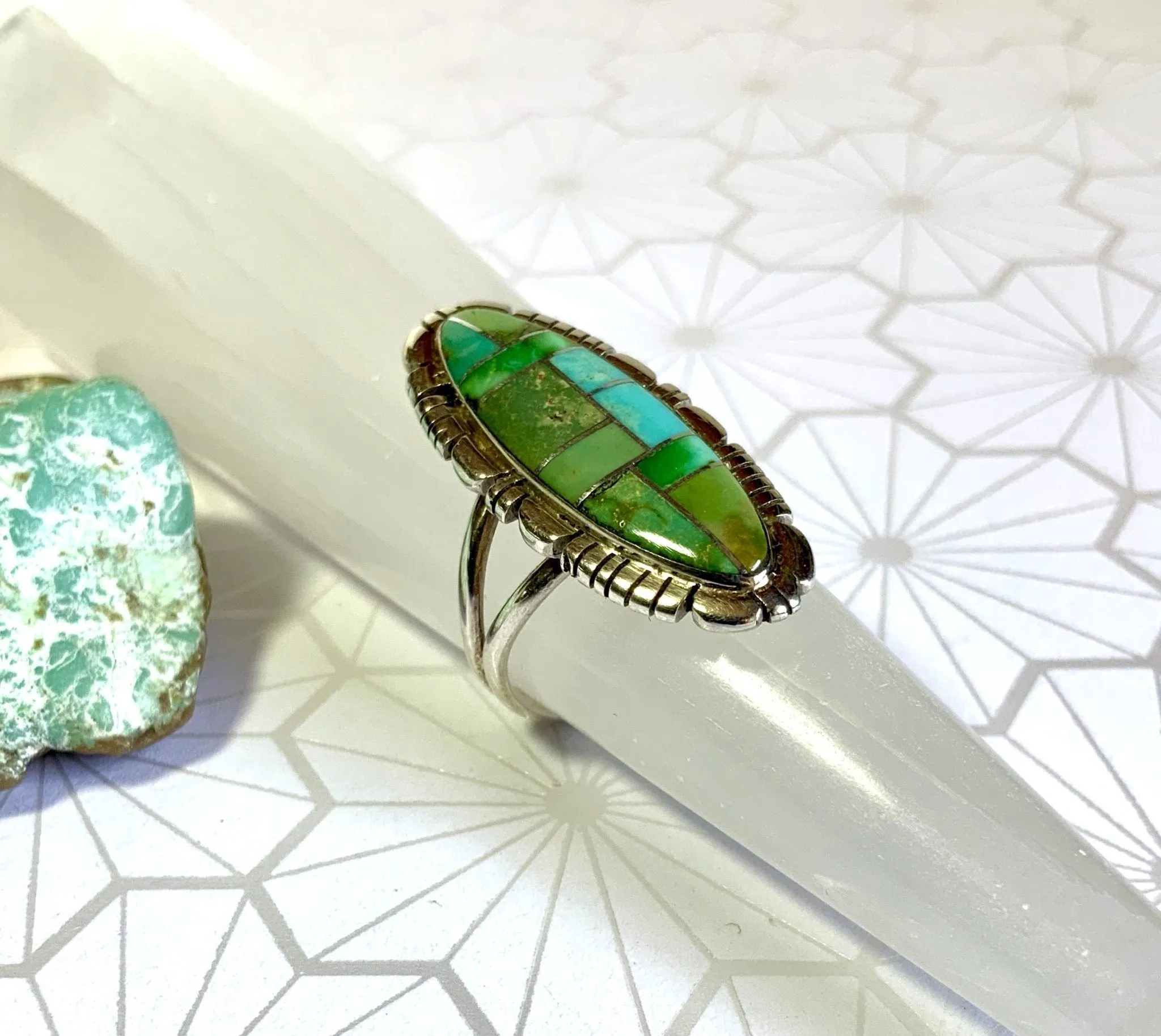 Elongated Green Turquoise Inlay Ring