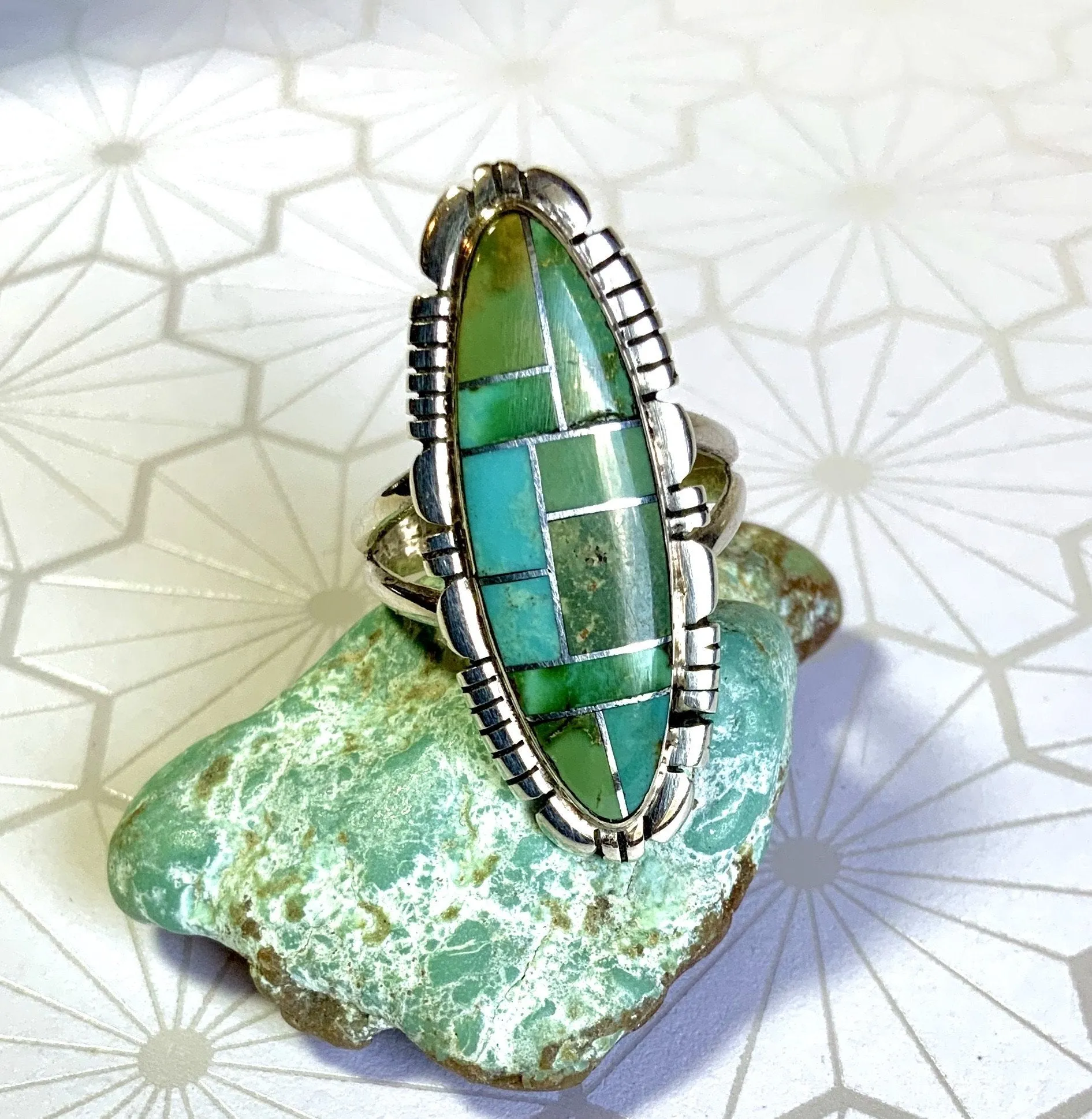 Elongated Green Turquoise Inlay Ring