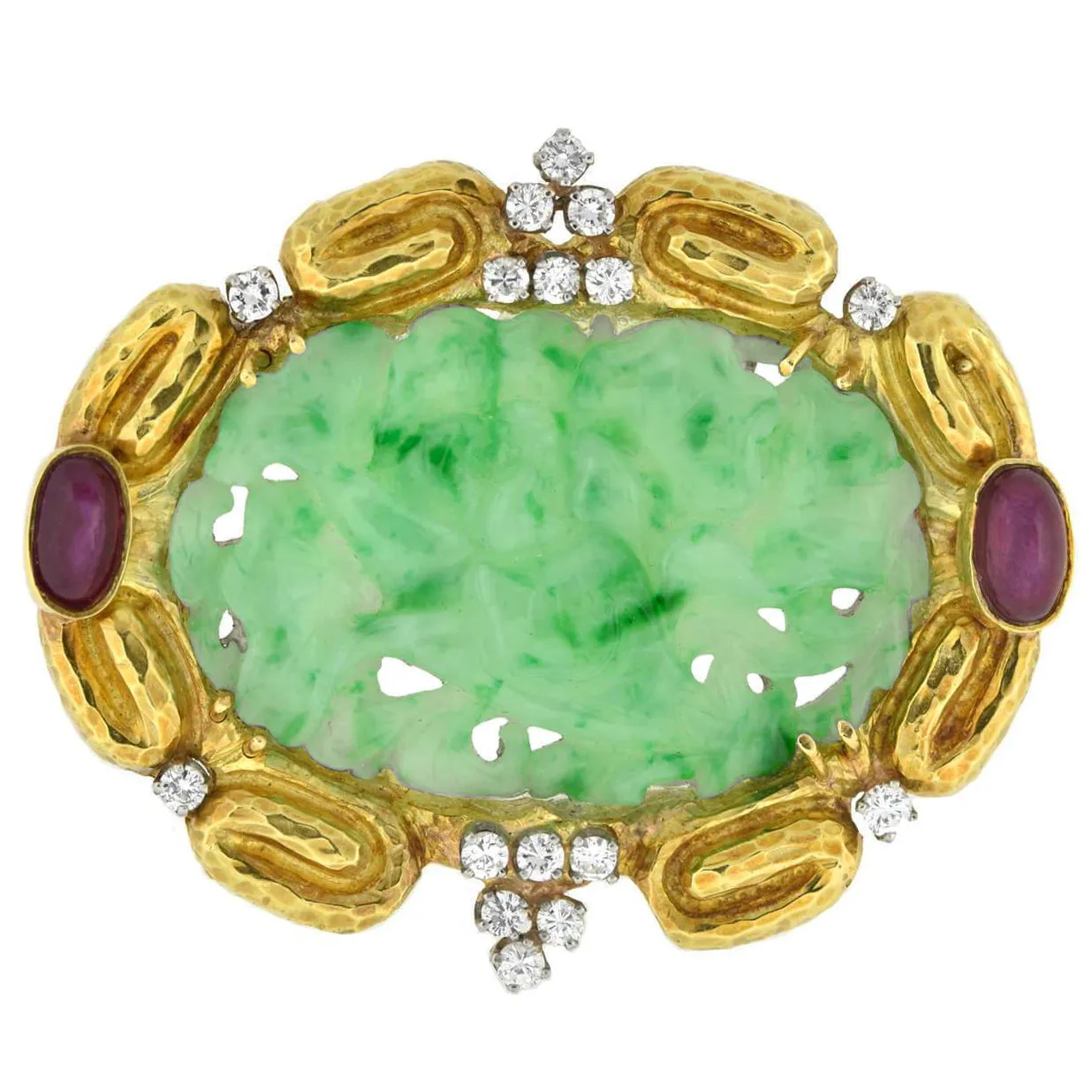 Estate Large 18kt Carved Jade, Ruby   Diamond Pin