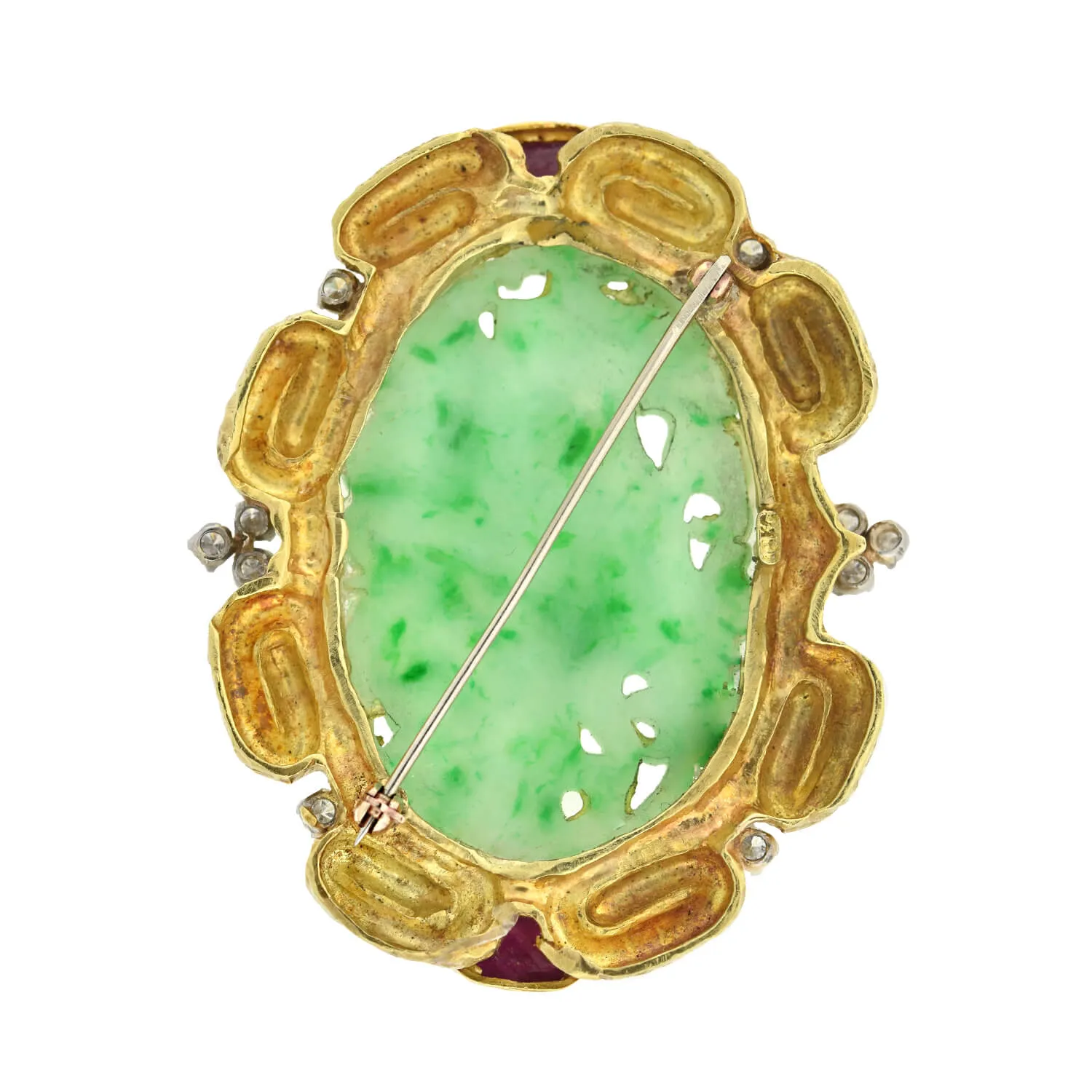 Estate Large 18kt Carved Jade, Ruby   Diamond Pin