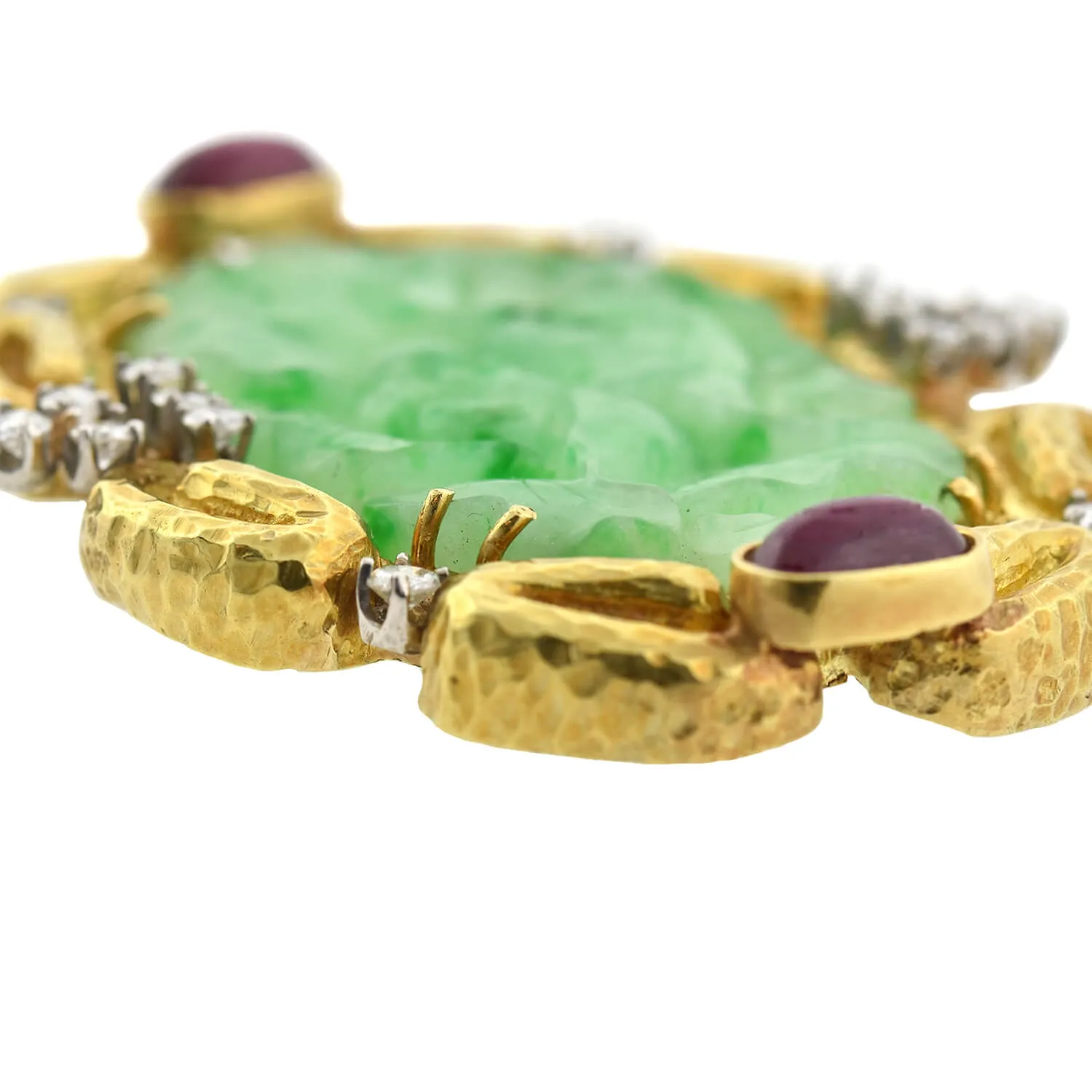 Estate Large 18kt Carved Jade, Ruby   Diamond Pin