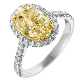 Fancy Yellow Oval 2.41 Carat GIA Diamond Halo Platinum & 18K Engagement Ring