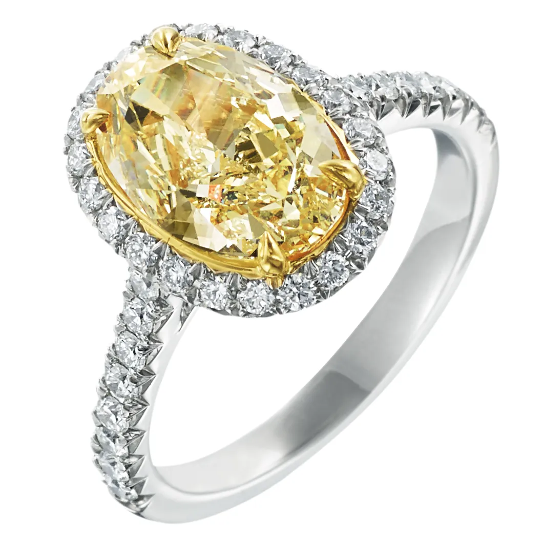 Fancy Yellow Oval 2.41 Carat GIA Diamond Halo Platinum & 18K Engagement Ring