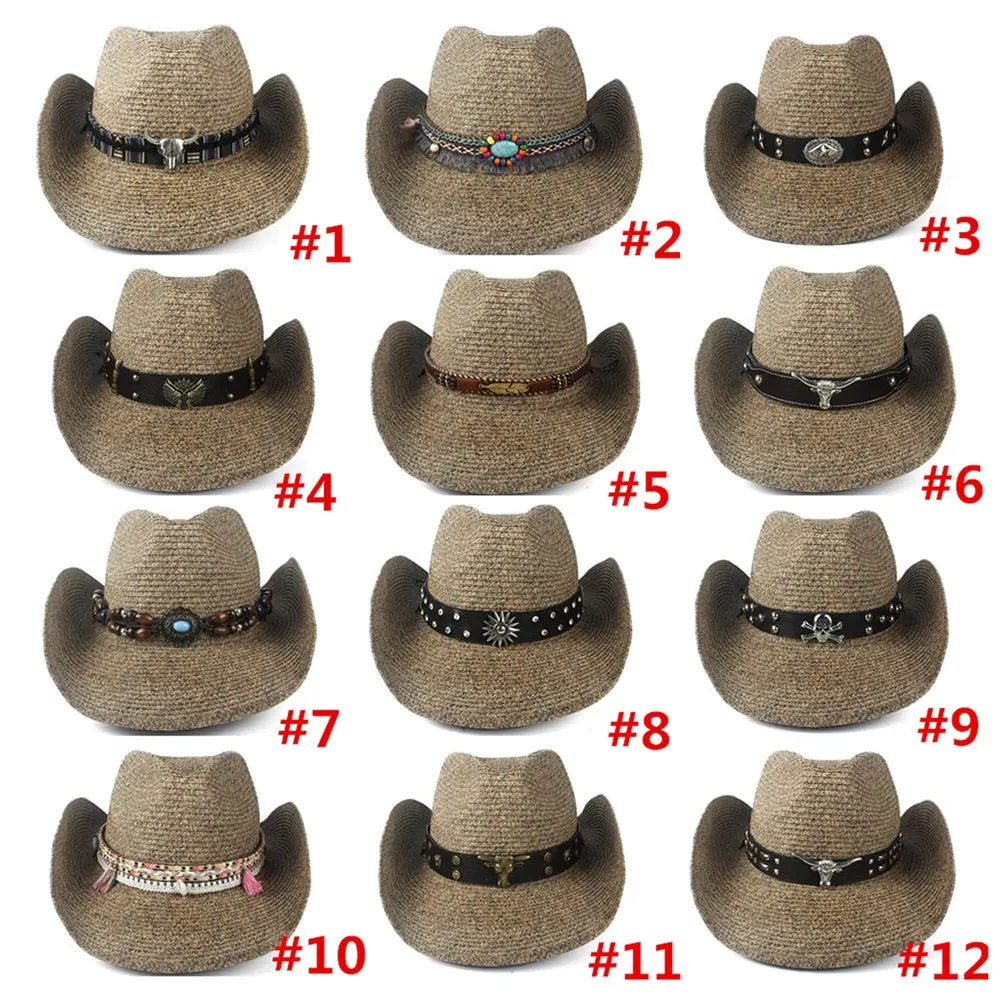 Fashion Women Men Hollow Western Cowboy Hat Lady Dad Beach Sombrero Hombre Straw Panama Cowgirl Jazz Sun Cap Size 56-58CM