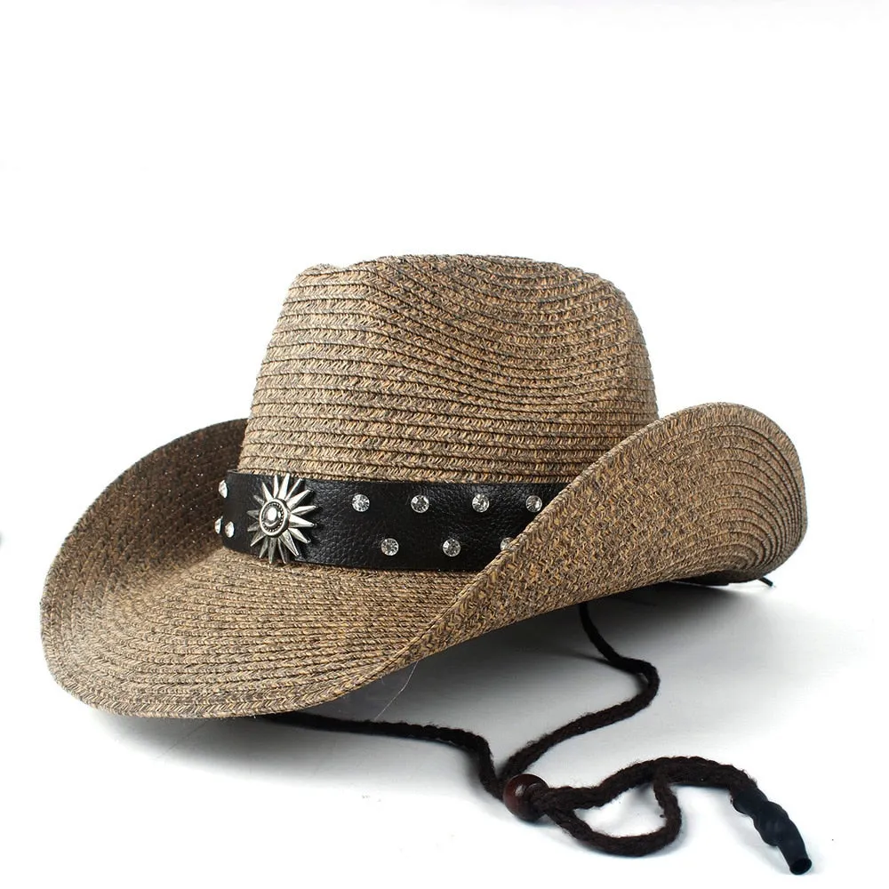 Fashion Women Men Hollow Western Cowboy Hat Lady Dad Beach Sombrero Hombre Straw Panama Cowgirl Jazz Sun Cap Size 56-58CM