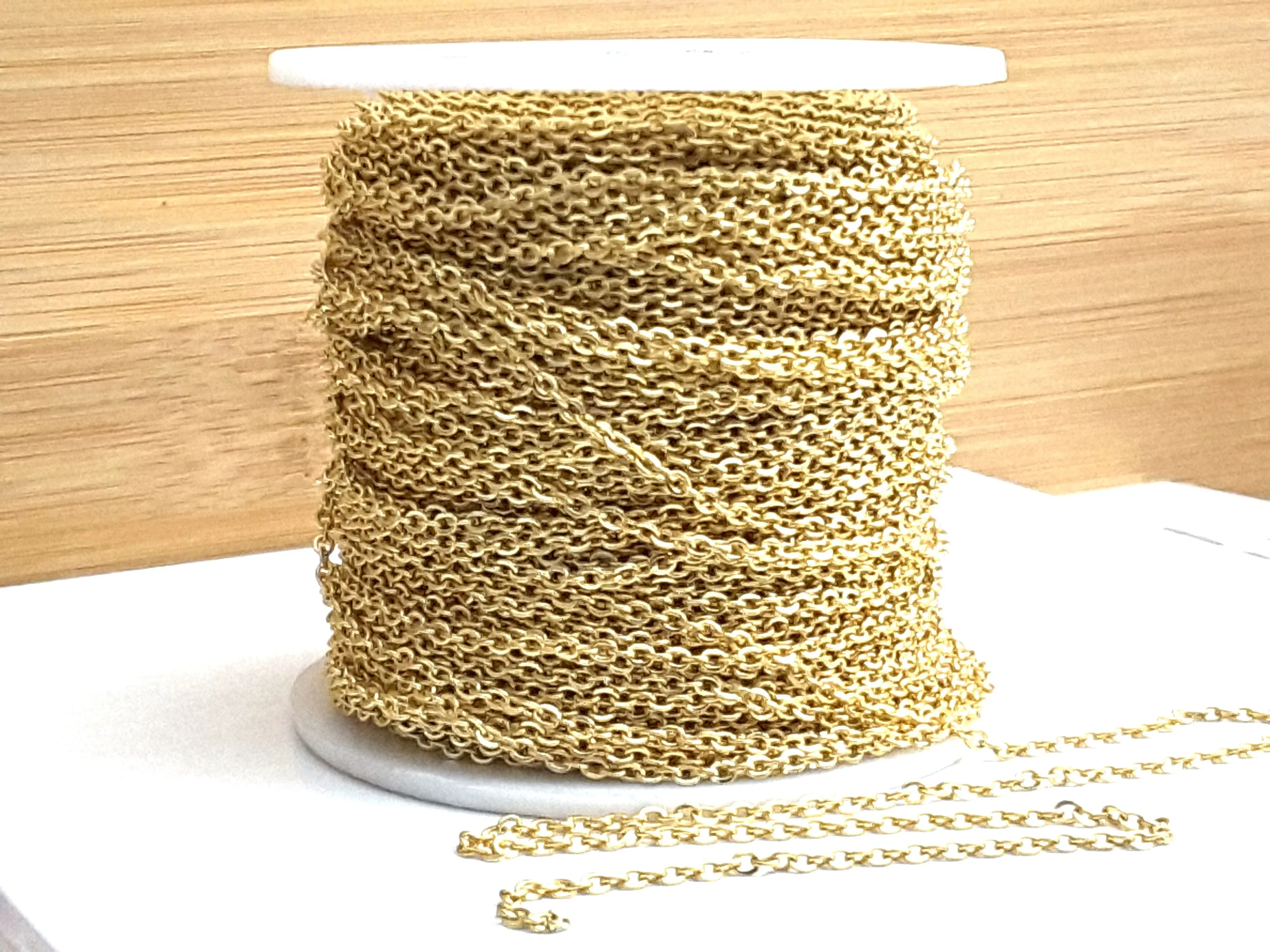 Fine Gold Stainless Chain, 3x2mm Flattened Oval Links, Bulk 50 Meters on a Spool, #1909 G