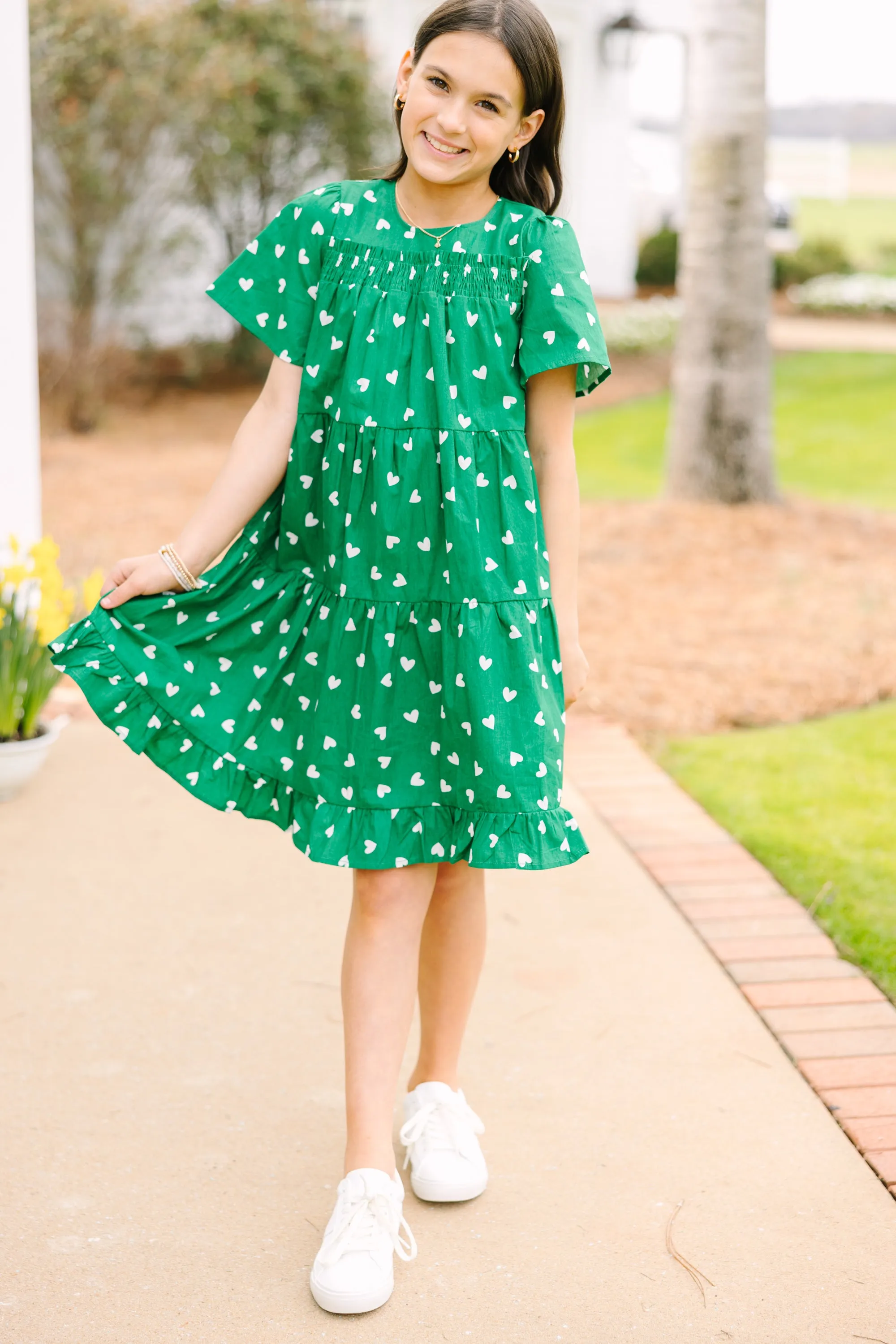 Girls: Lucky In Love Green Heart Print Dress