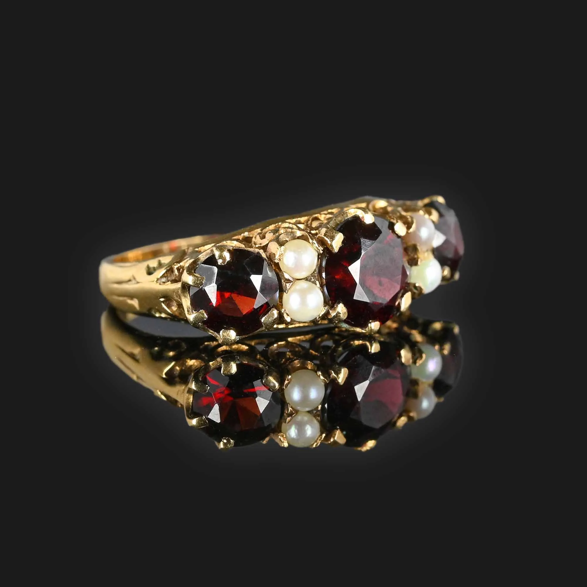 Gold Garnet Seed Pearl Victorian Style Ring