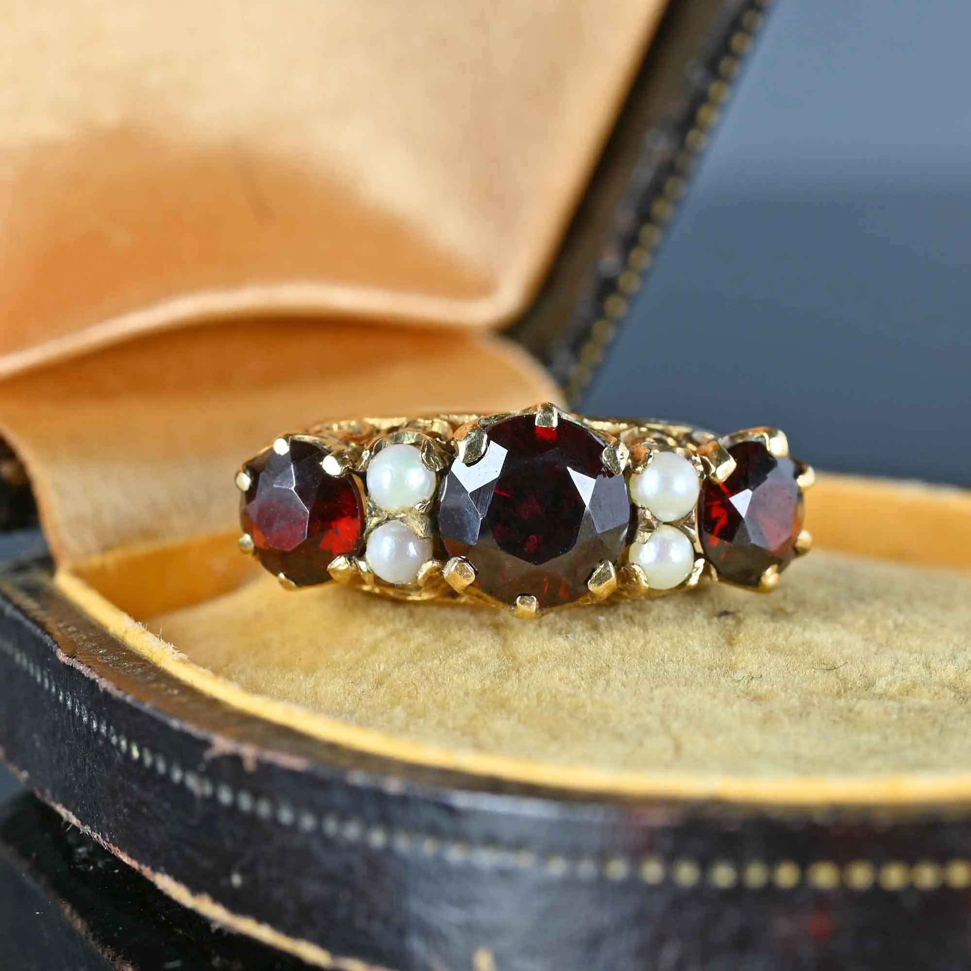 Gold Garnet Seed Pearl Victorian Style Ring