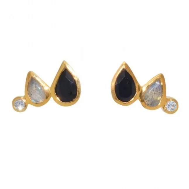 Gold Plated Labradorite and Onyx Earrings