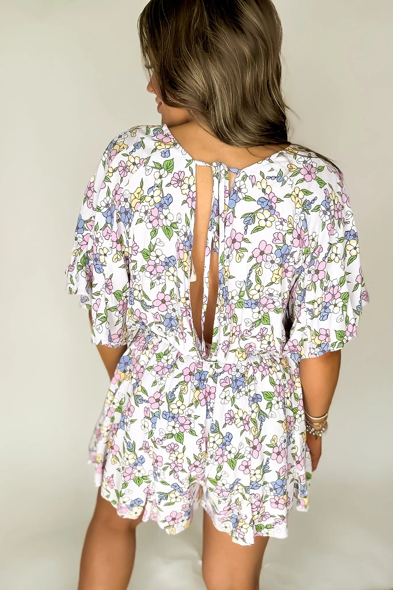 Happy Flower Print Ruffled Wrap Style Romper