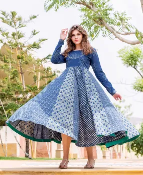 Indigo and WhiteHand Block Printed Flared Long Dress