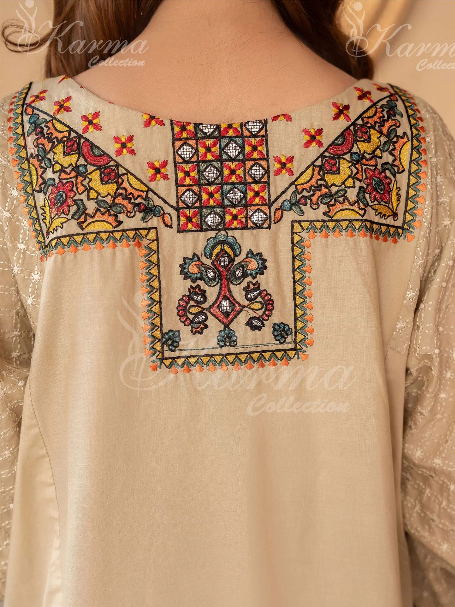 Karma Collection "Naqsh" Cream Cotton Embroidered Suit (KC1354)