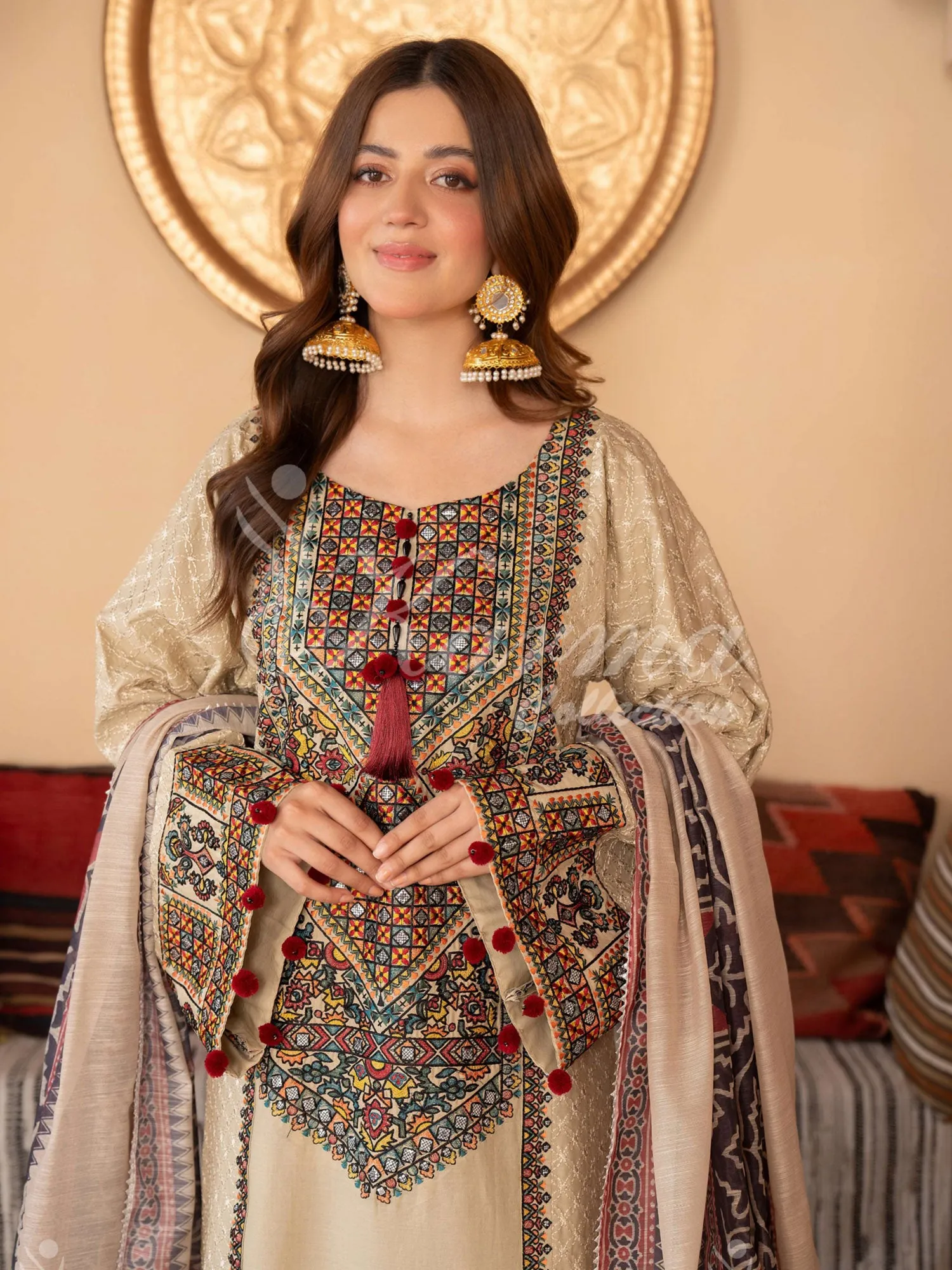 Karma Collection "Naqsh" Cream Cotton Embroidered Suit (KC1354)