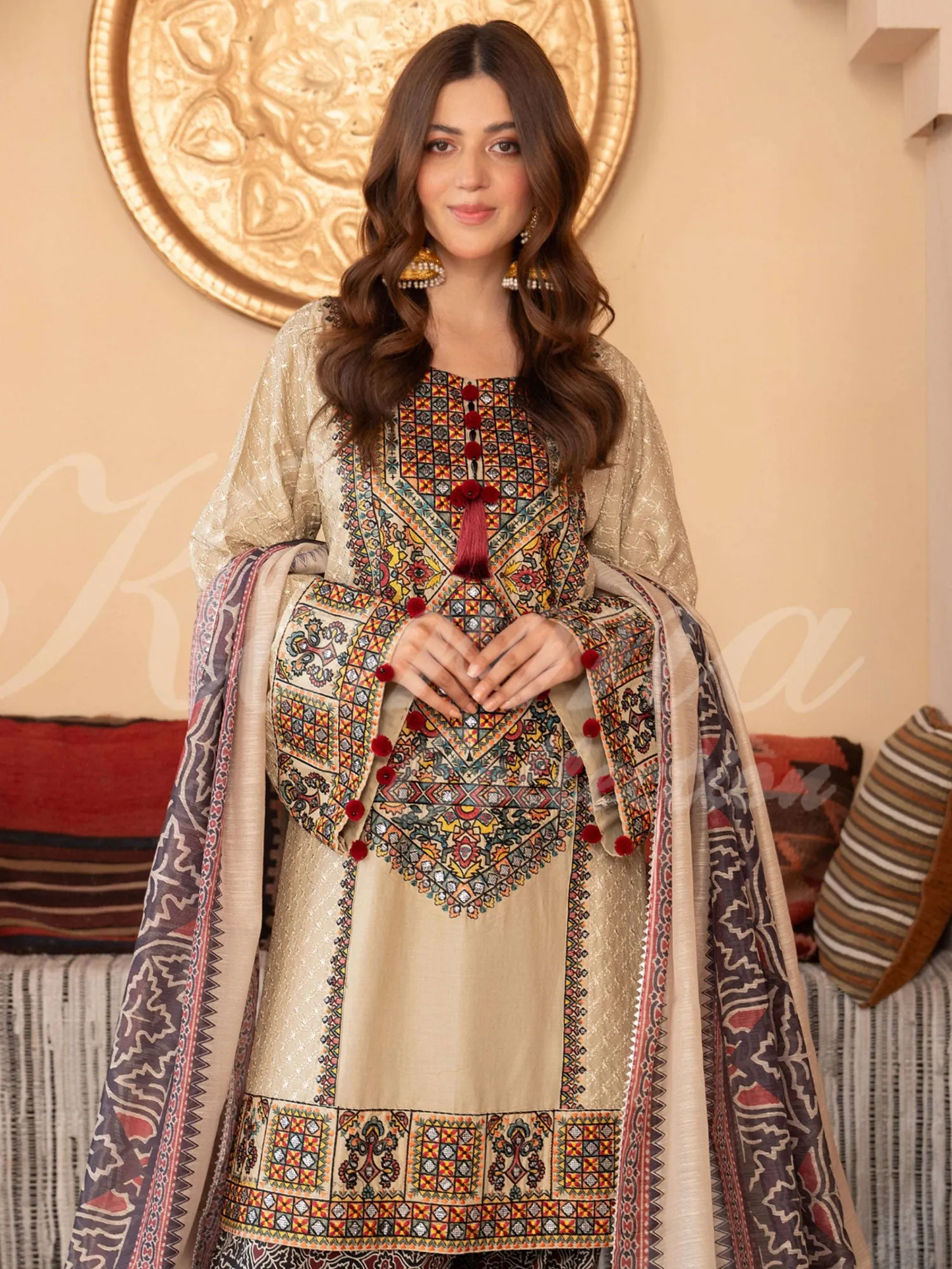 Karma Collection "Naqsh" Cream Cotton Embroidered Suit (KC1354)