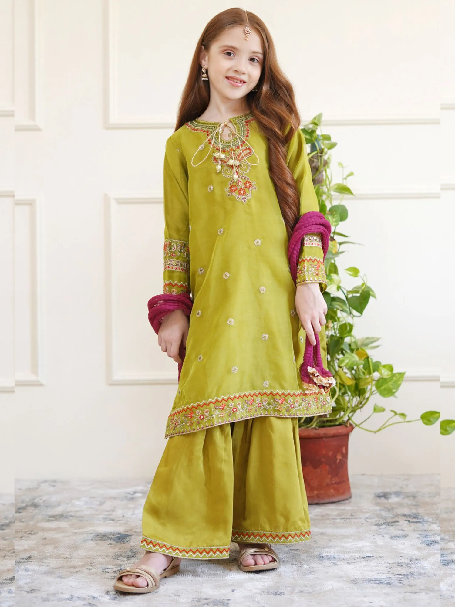 Kids Mehndi Embroidered Organza Suit with Gharara