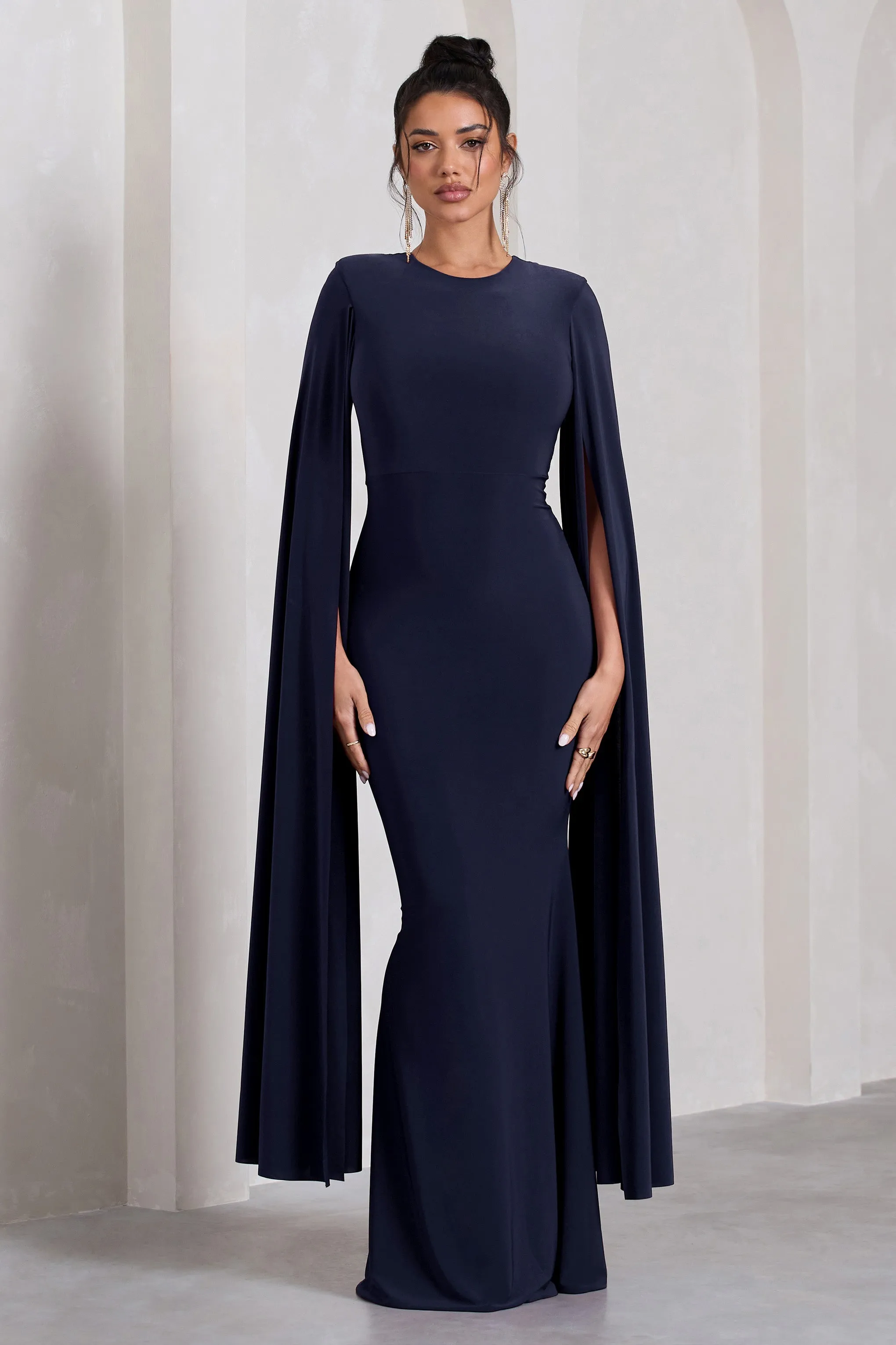 Kimmy | Navy High Neck Maxi Dress With Cape Sleeves