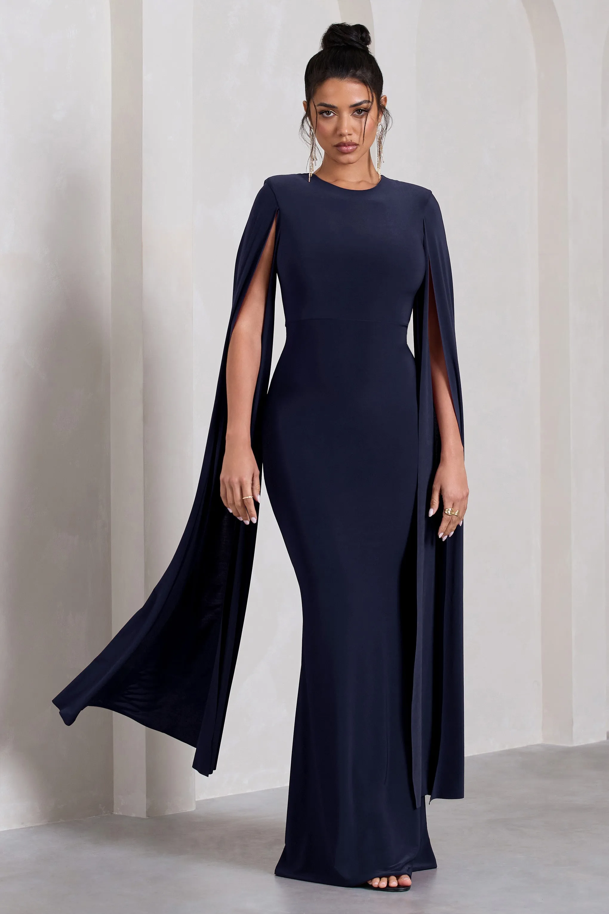 Kimmy | Navy High Neck Maxi Dress With Cape Sleeves