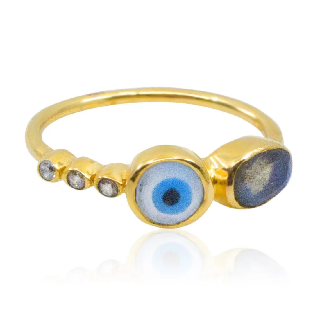 Labradorite and Zirconia Evil Eye Gold Plated Statement Ring- Size 6.5