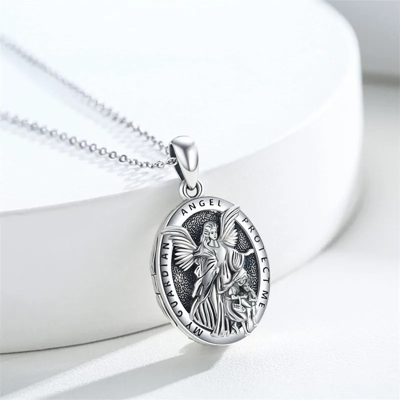 Lady of Guardian Angel Necklace for Women Men 925 Sterling SilverLocket Necklace Christian Religious Amulet Jewelry Gift