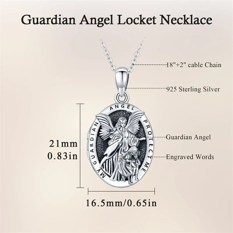 Lady of Guardian Angel Necklace for Women Men 925 Sterling SilverLocket Necklace Christian Religious Amulet Jewelry Gift