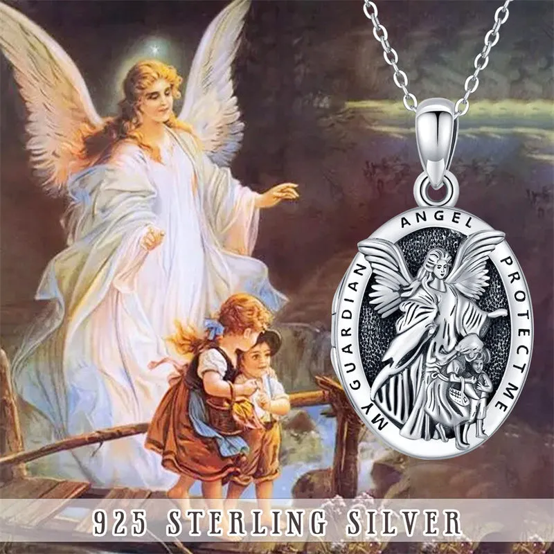 Lady of Guardian Angel Necklace for Women Men 925 Sterling SilverLocket Necklace Christian Religious Amulet Jewelry Gift