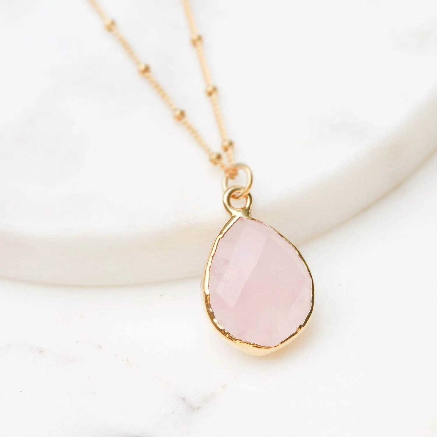 Large Tear Drop Rose Quartz Necklace with Gold Filled Paperclip Chain