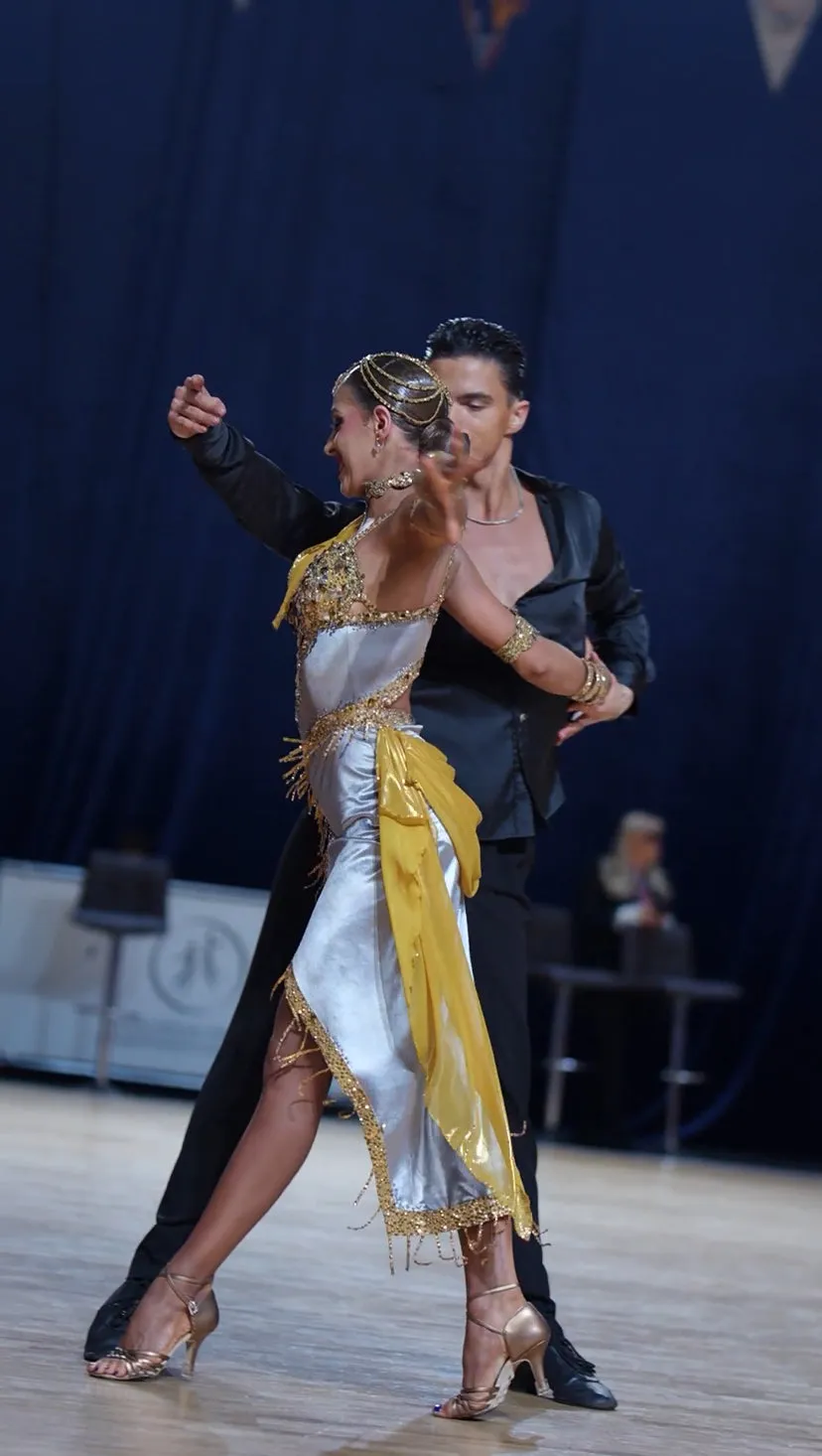 Latin Dance Dress | Grey Velvet and Gold Chiffon Elegance