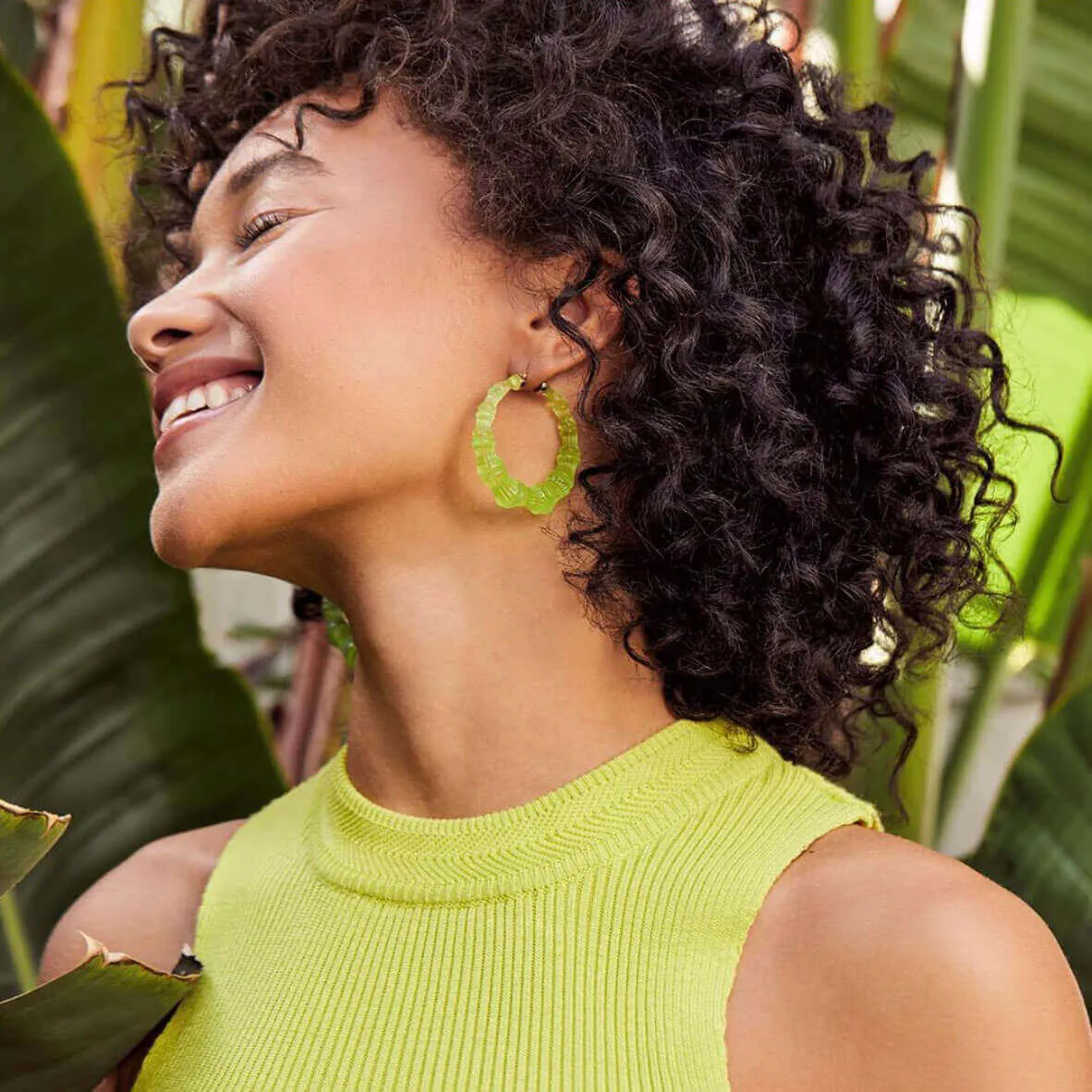 Lime Green Lucite Bamboo Hoop Earrings