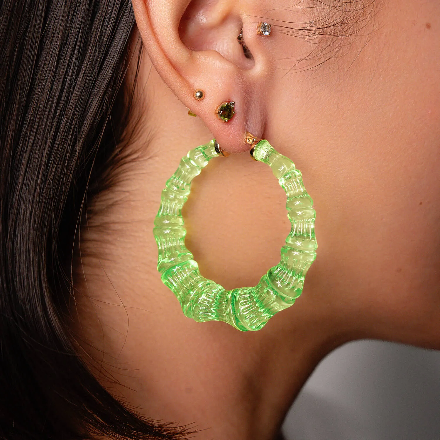 Lime Green Lucite Bamboo Hoop Earrings