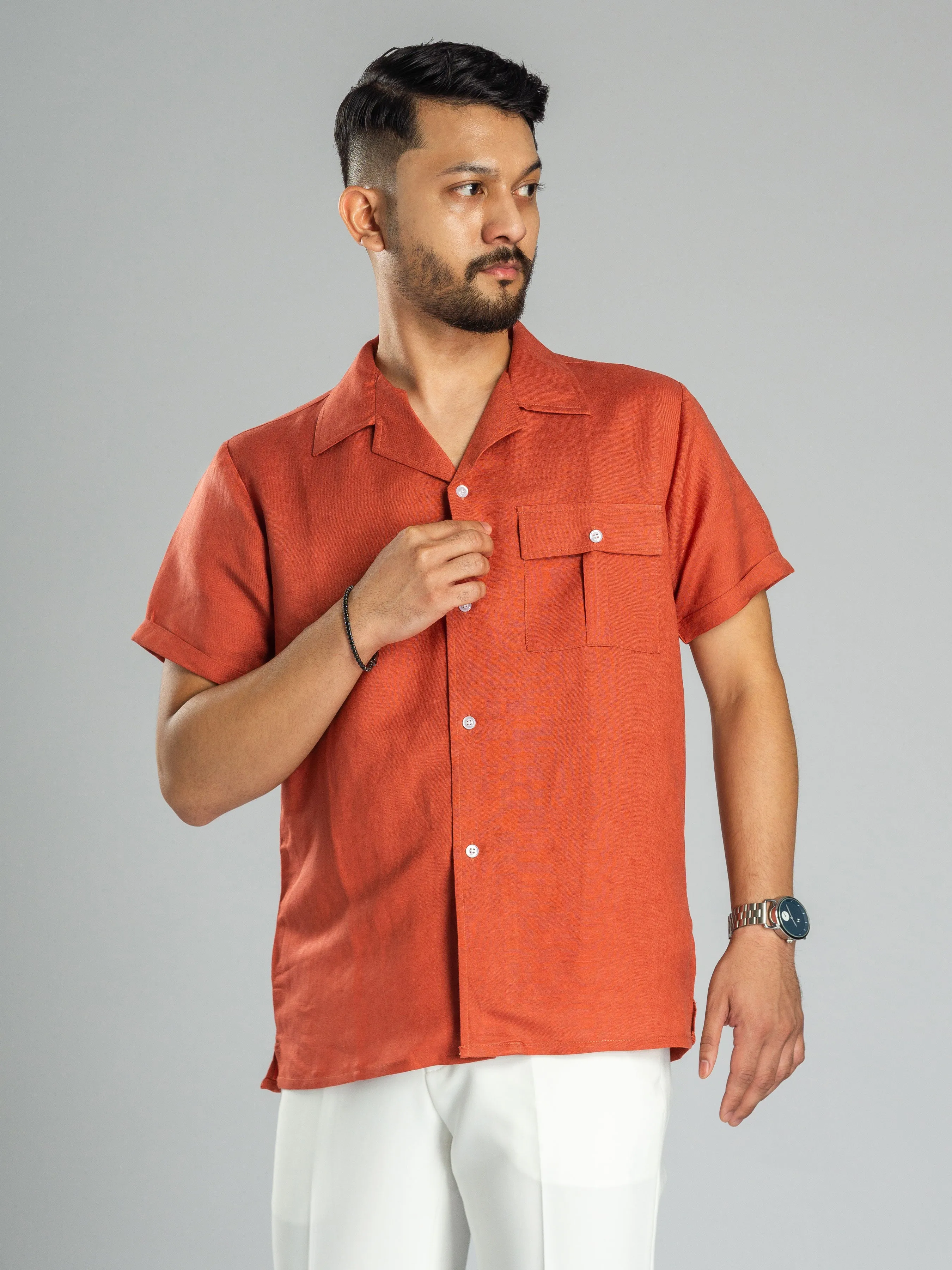 Linen Cuban Collar Shirt - Brick Red