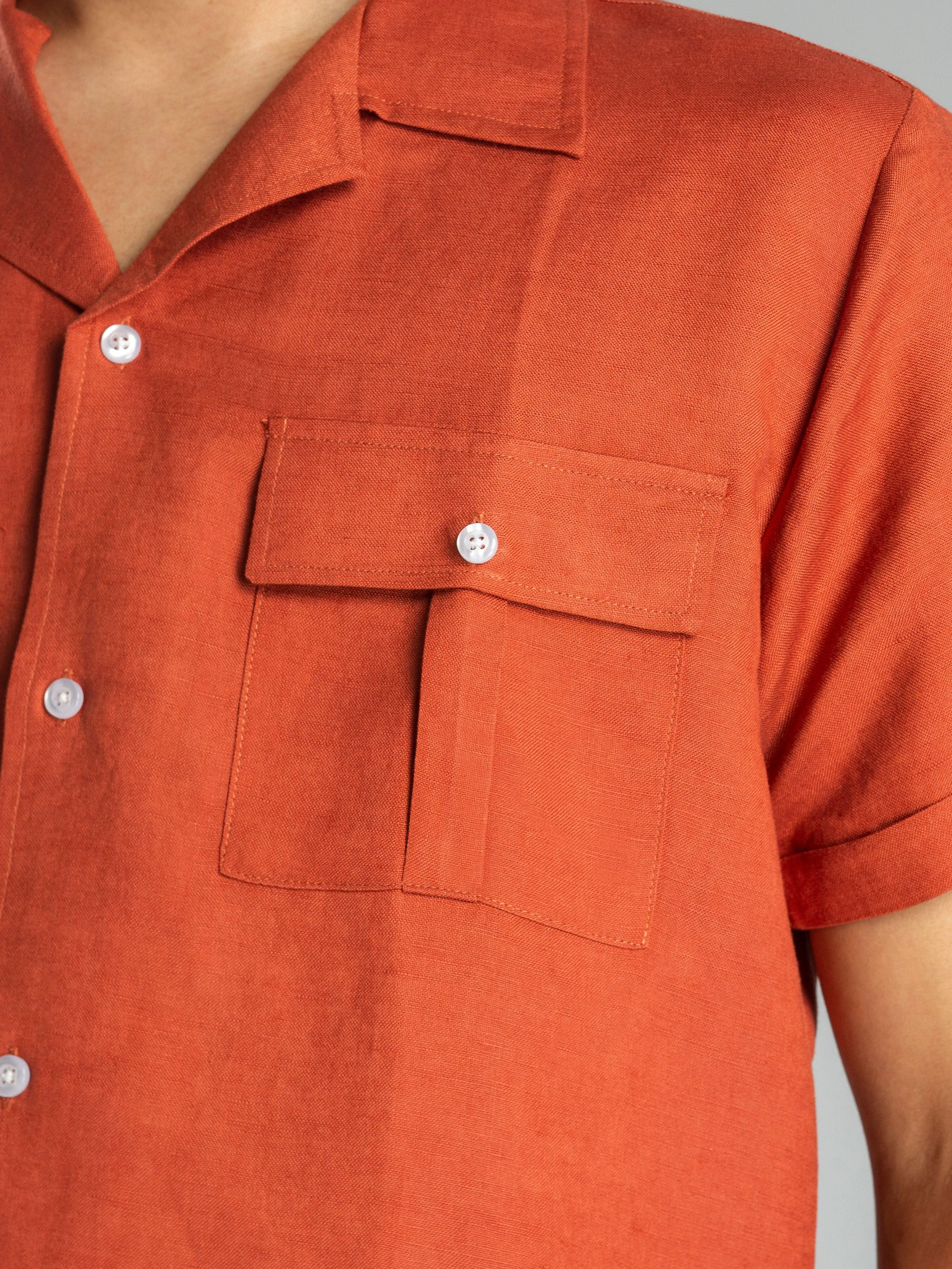 Linen Cuban Collar Shirt - Brick Red