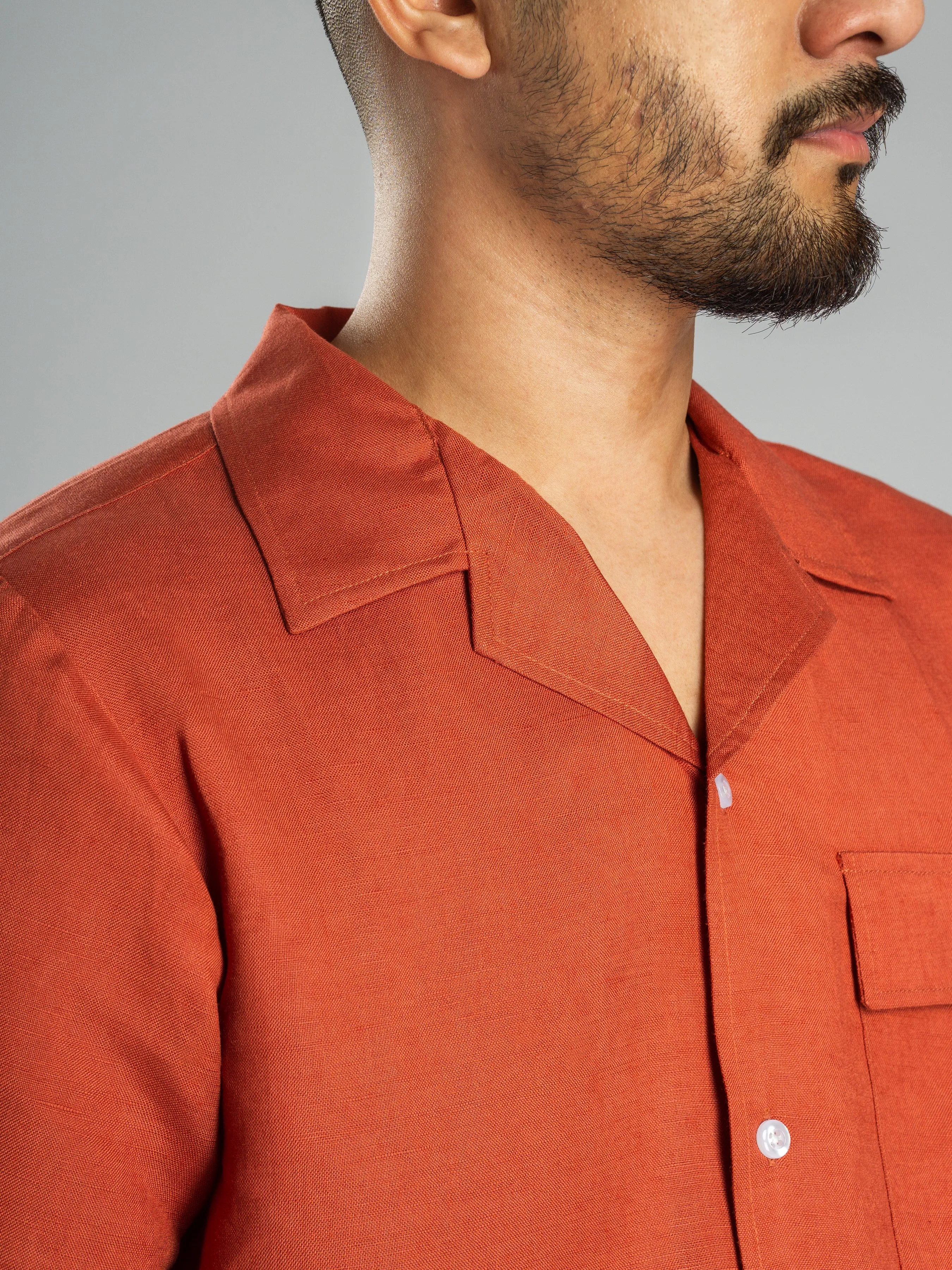 Linen Cuban Collar Shirt - Brick Red