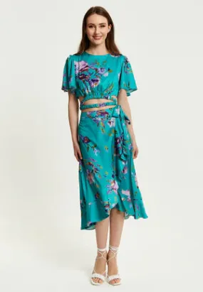 Liquorish Green Floral Print Midi Wrap Skirt