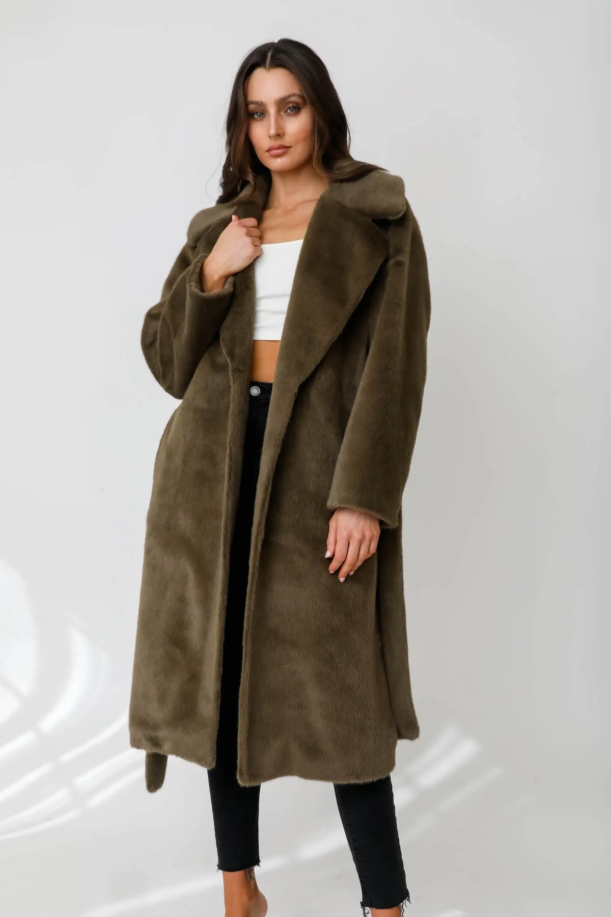 Margot Faux Mink Fur Wrap Collar Coat w/ Belt - Olive