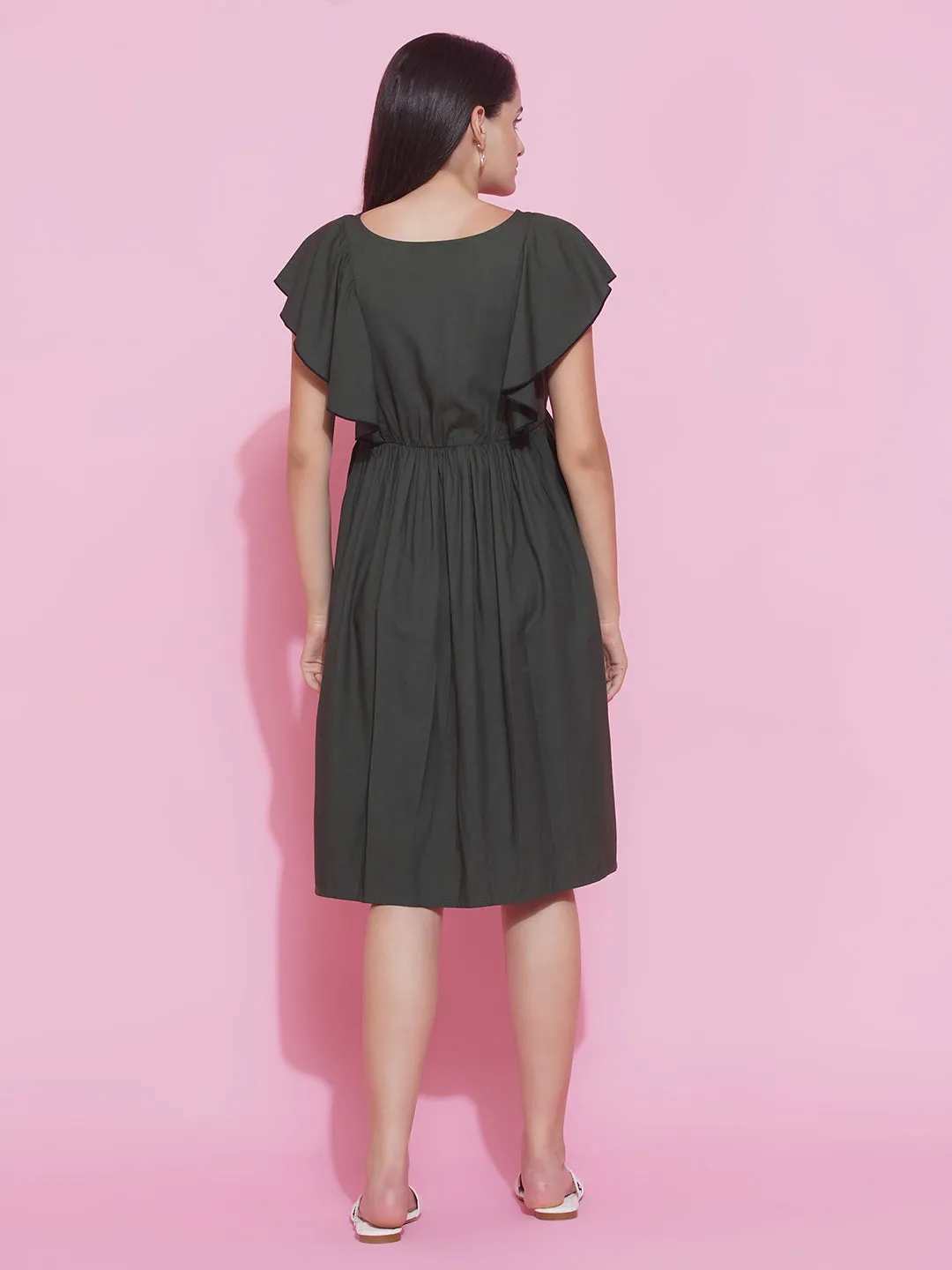 Maternity & Nursing dress Olive Green Solid Ruffled Midi