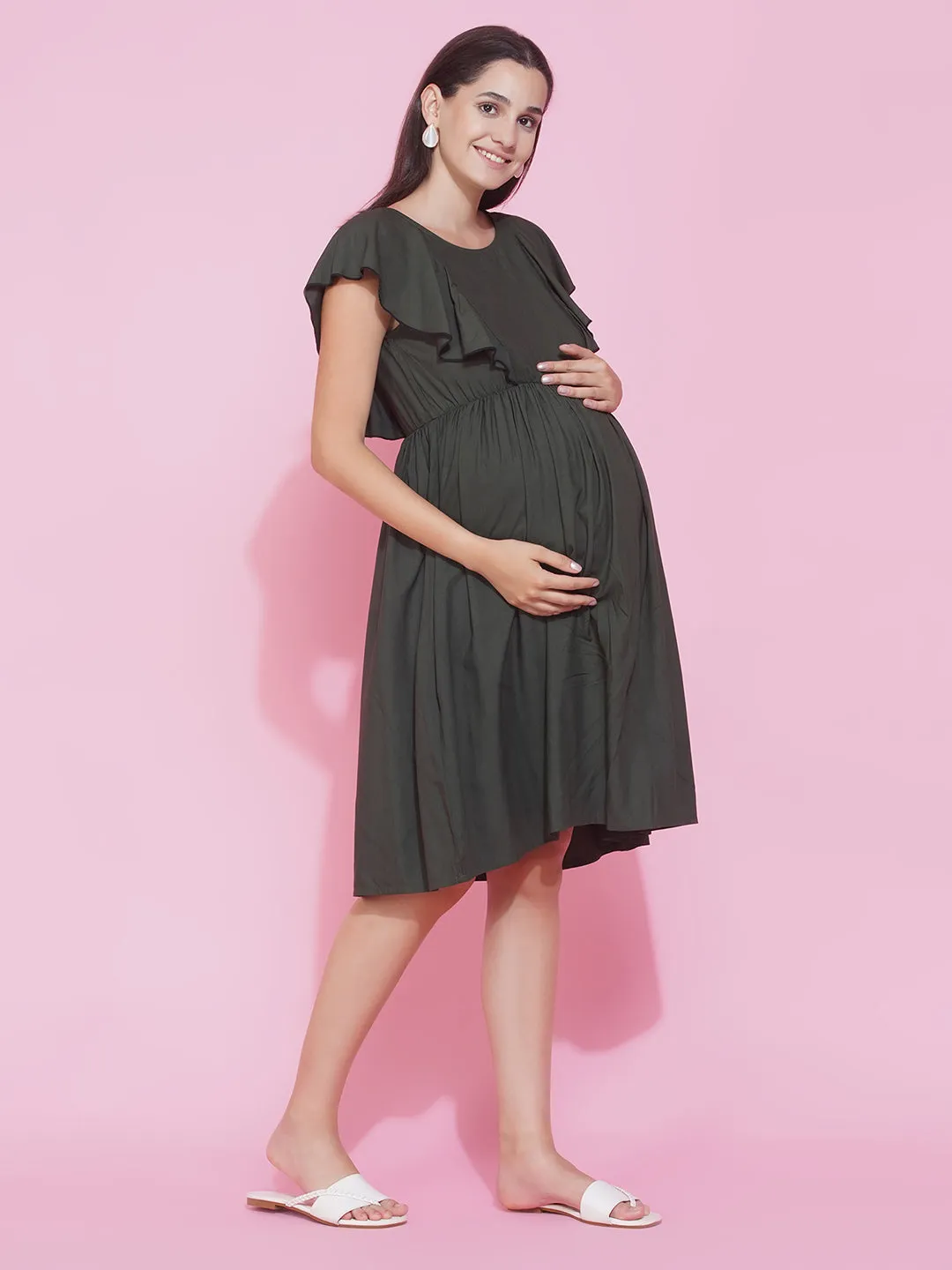 Maternity & Nursing dress Olive Green Solid Ruffled Midi