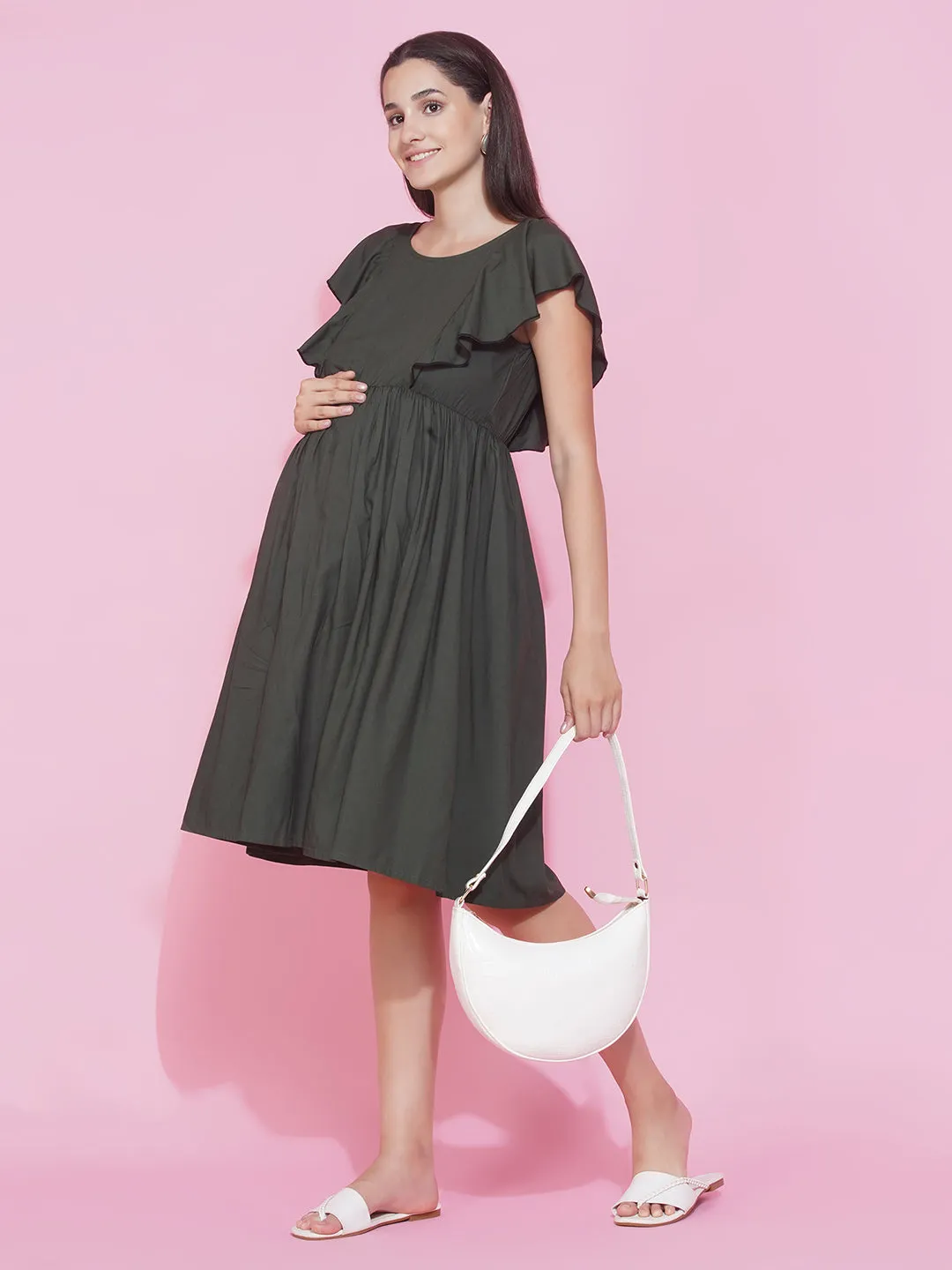 Maternity & Nursing dress Olive Green Solid Ruffled Midi