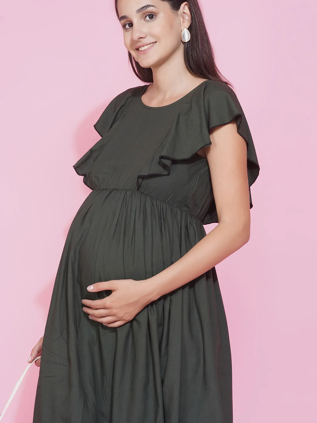 Maternity & Nursing dress Olive Green Solid Ruffled Midi