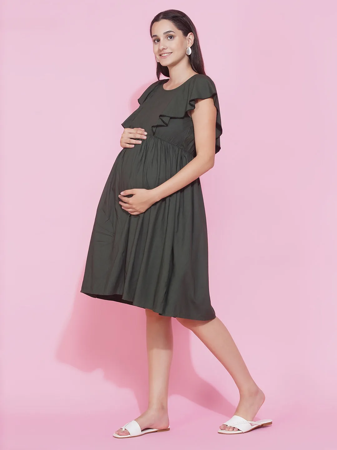 Maternity & Nursing dress Olive Green Solid Ruffled Midi